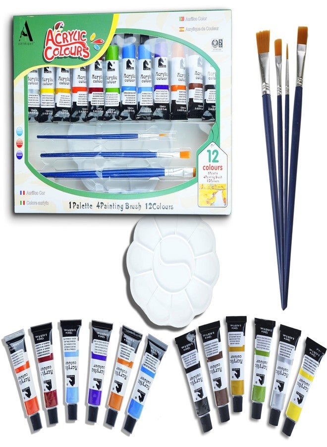 ArtRight 12 x 12ml Acrylic Paint Set with 4 Free Paint Brushes and Palette - Acid-Free, Non-Toxic Multicolored Artists' Colors for Acrylic Painting (12ml, 0.4oz) - Image 1